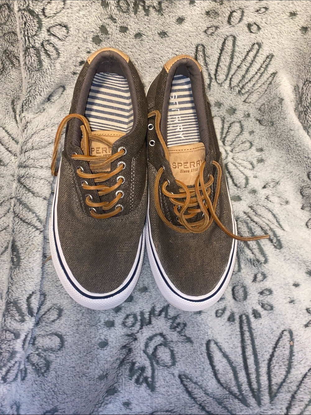 Sperry Olive Brown Canvas Lace-Up Boat Sneakers with Tan Accents